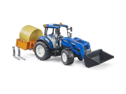 Bruder Traktor New Holland T5.120 s čelným nakladačom, korbou, vidlami a okrúhlym balíkom