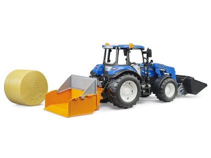 Bruder Traktor New Holland T5.120 s čelným nakladačom, korbou, vidlami a okrúhlym balíkom