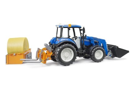 Bruder Traktor New Holland T5.120 s čelným nakladačom, korbou, vidlami a okrúhlym balíkom