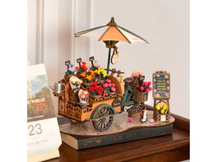 RoboTime 3D drevená mechanická skladačka Kvetinový vozík