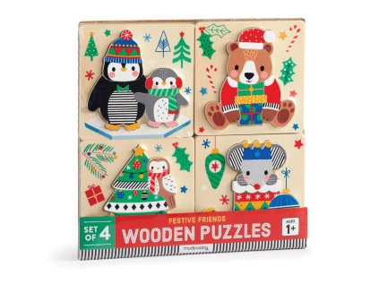 Mudpuppy Drevené puzzle sada 4 puzzle Vianoce