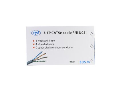 Kábel UTP CAT5e PNI U05 so 4 pármi točených vodičov 0,40 mm CCA, pre 1 gigabitový internet a sledovacie systémy, kotúč 305 m