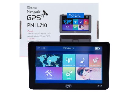 GPS navigačný systém PNI L710 so slnečnou clonou, 7 palcový, 800 MHz, 256 MB DDR, 16 GB interná pamäť, FM vysielač, súčasťou balenia sú dva napájacie zdroje do auta