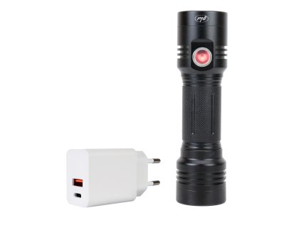Hliníkové balenie dvojitej baterky PNI Adventure F200 s LED, 4000mAh batéria, 3 LED diódy s veľkou clonou a jedna s ohniskom a napájací zdroj PNI CHG300 s portom USB C, QC3.0, PD3.0, PPS a USB-A port,