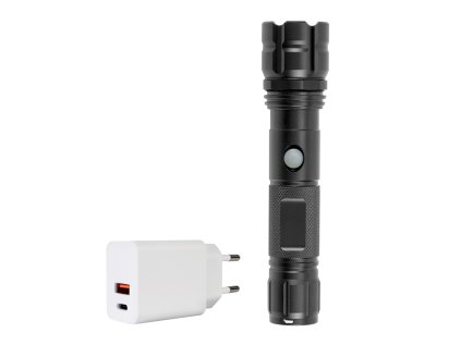 Balenie hliníkovej baterky PNI Adventure F10 s LED 6W, 500lm do ohniska 200m, s batériou a napájaním PNI CHG300 s USB C portom, QC3.0, PD3.0, PPS a USB-A port, 30W