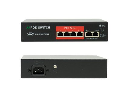 PoE prepínač PNI SWPOE42 4 PoE 100 Mbps porty a 2 UP Link 100 Mbps porty, 65 W, funkcia AI Extend až 250 m, ochrana pred bleskom 4 kV