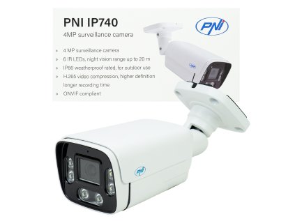 Kamera na sledovanie videa PNI IP740 4MP, 6 IR LED, IP66, biela, s NVR aj samostatne, rozlíšenie 4MP 2560 x 1440 px cez aplikáciu HiAi alebo kompatibilná s NVR PNI IP816
