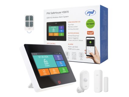 Bezdrôtový alarm PNI SafeHouse HS670 WiFi GSM 4G, farebná dotyková obrazovka, 99 bezdrôtových zón, podporuje 5 telefónnych čísel, volanie na alarm a SMS, kompatibilný s aplikáciou Tuya Smart