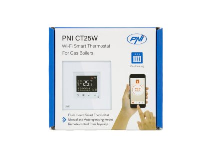 Inteligentný termostat PNI CT25W WiFi pre plynovú výhrevňu, montáž pod omietku, 16A, ovládanie z aplikácie Tuya Smart, denné programovanie, manuálny/automatický režim, biela farba