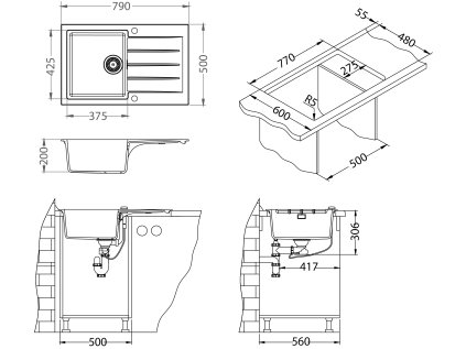 CADIT 20 beton 81 + pop up sifon 790x500x198 mm