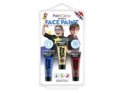 PAINTGLOW Sada barev na obličej Adventure (modrá, zlatá, červená)