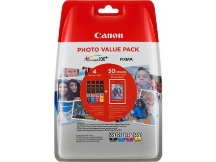 Atrament Canon CLI-551 C/M/Y/BK Multi Pack + 50ks 10 x 15 cm Foto Papier glossy