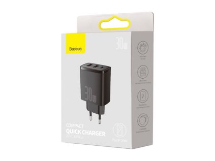 Baseus Travel Charger Compact Quick Charger U+U+C PD3.0, QC 3.0 30W EU Black (CCXJ-E01)