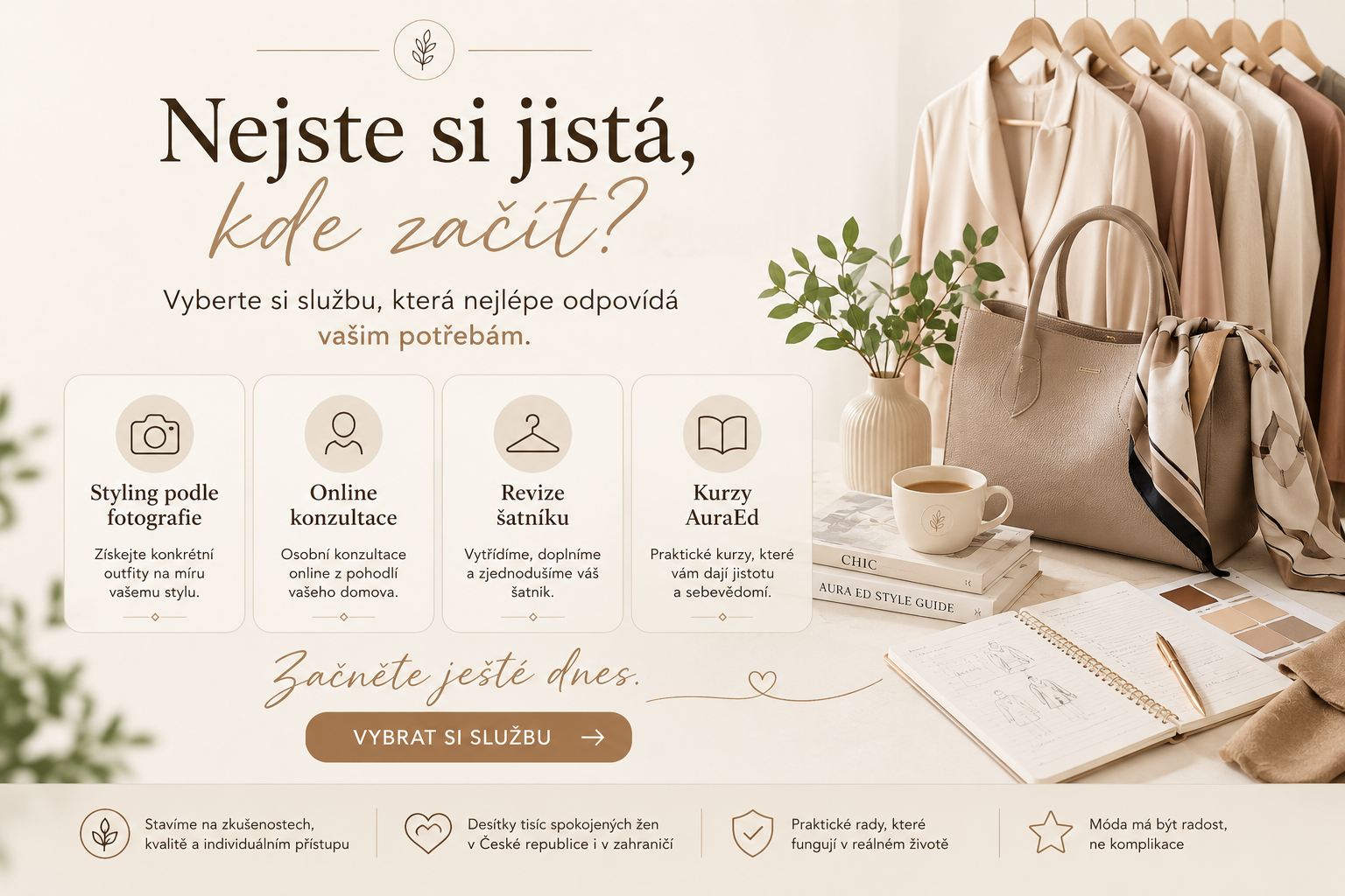 Výběr stylingových služeb AuraEd – styling podle fotografie, online konzultace, revize šatníku a kurzy