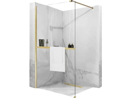 REA SPRCHOVÁ ZÁSTĚNA AERO BRUSH N 90 CM WALK-IN S POLICÍ A VĚŠÁKEM EVO | ZLATÁ MATNÁ