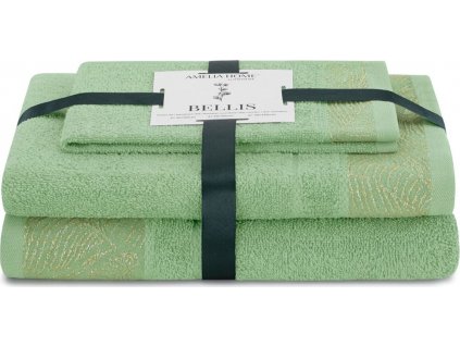 AMELIAHOME SADA RUČNÍKŮ BELLIS | SVĚTLE ZELENÁ SE ZLATOU VÝŠIVKOU (Počet prvků 3ks (30x50, 50x90, 70x130))