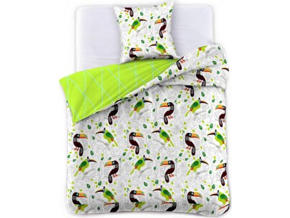 DECOKING LOŽNÍ POVLEČENÍ DUCATO | ZELENO-KRÉMOVÉ S PAPOUŠKY