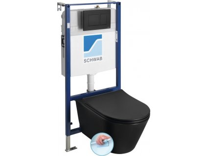 AQUALINE ZÁVĚSNÉ WC AVVA RIMLESS S PODOMÍTKOVOU NÁDRŽKOU DUPLO A TLAČÍTKEM SCHWAB | ČERNÉ MATNÉ WC