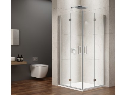 GELCO BEZRÁMOVÝ ČTVERCOVÝ SPRCHOVÝ KOUT LORO SE SKLÁDACÍMI DVEŘMI - 80X80 CM, ROHOVÝ VSTUP | ČIRÉ SKLO, CHROMOVÉ PROFILY