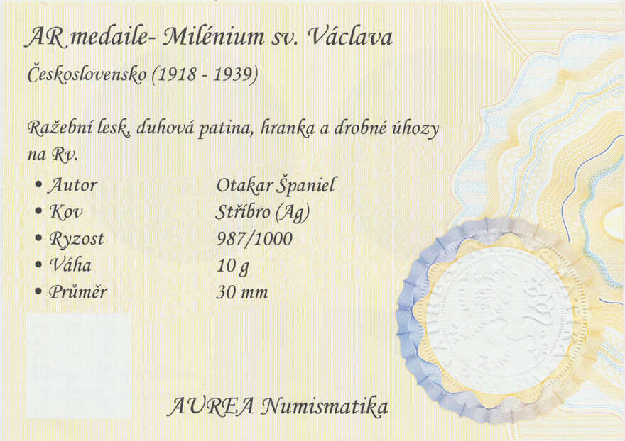 Certifikát AUREA – přední strana