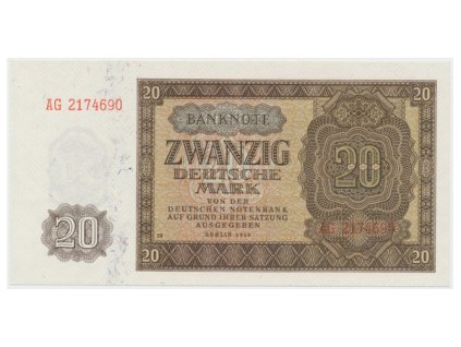 Německo - NDR, 20 DM 1948, tisk NDR (1952), 7-místný číslovač, Ros.344d