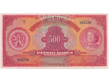 Československo, 500 Koruna 1929, perf. 1x SPECIMEN, Hej.23c