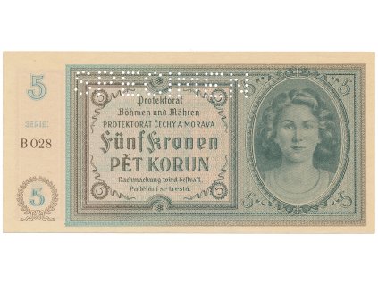 Protektorát Čechy a Morava, 5 Koruna b.d. (1940), tisk TB NBČM, série B, perf. SPECIMEN, Hej.31aB.S1