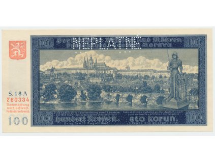 13416 protektorat cechy a morava 100 koruna 1940 i vydani serie b perf 1x specimen hej 32ab s1