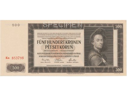 Protektorát Čechy a Morava, 500 Koruna 1942, II. vydání, perf. 1x SPECIMEN, Hej.36a.S1