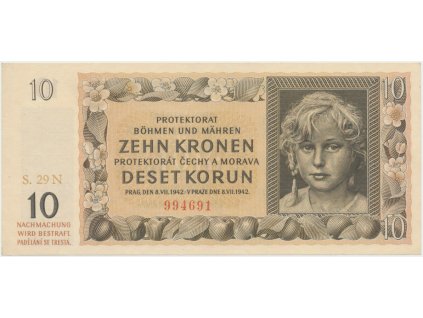 Protektorát Čechy a Morava, 10 Koruna 1942, série N, tisk Neubert, Hej.37b1