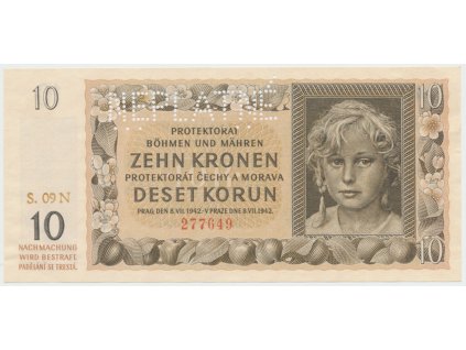 Protektorát Čechy a Morava, 10 Koruna 1942, série N, tisk Neubert, perf. 1x NEPLATNĚ, Hej.37b1.S2