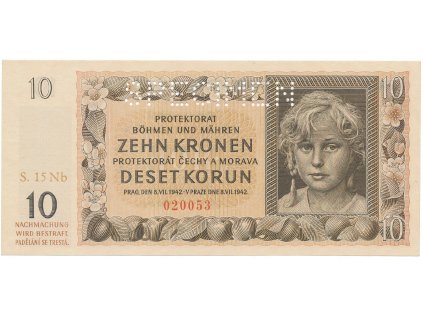 Protektorát Čechy a Morava, 10 Koruna 1942, tisk Neubert, série Nb, perf. 1x SPECIMEN, Hej.37b2.S1