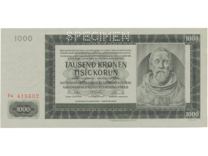 13479 13479 protektorat cechy a morava 1000 koruna 1942 ii vydani perf 1x specimen hej 39a s1