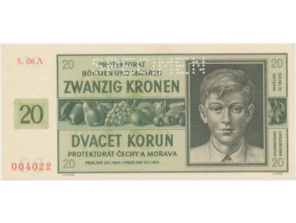 Protektorát Čechy a Morava, 20 Koruna 1944, série A, tisk NBČM, perf. 1x SPECIMEN, Hej.40a.S1