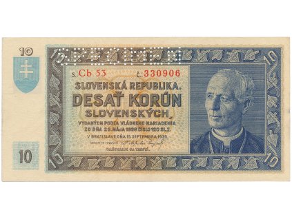 Slovensko, 10 Koruna 1939, 1x SPECIMEN nahoře, Hej.46a2.S1
