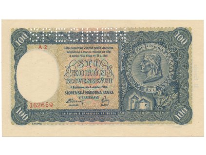 17070 slovensko 100 koruna 1940 ii vydani serie s 1 cislem perf 1x specimen nahore hej 49a1 s1
