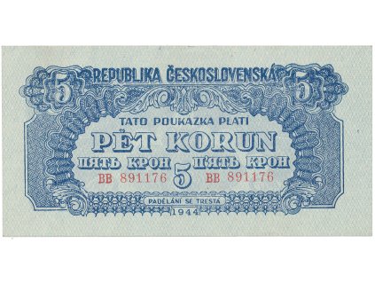 17142 ceskoslovensko 5 koruna 1944 svisly podtisk hej 57b