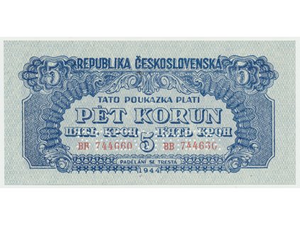 17145 ceskoslovensko 5 koruna 1944 svisly podtisk 1x specimen dole hej 57b s2