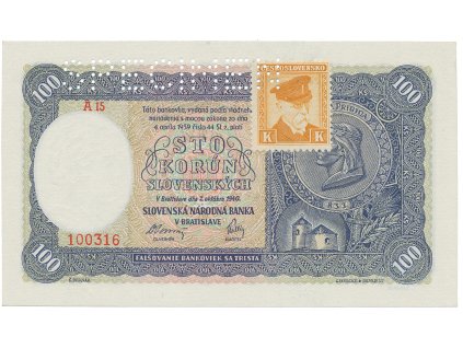 Československo, 100 Koruna 1940/1945, I. vydání + kolek, série se 2 čísly, perf. 1x SPECIMEN nahoře, Hej.62a2.S1