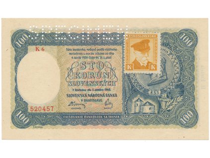 Československo, 100 Koruna 1940/1945, II. vydání, kolkovaná, série s 1 číslem, perf. 1x SPECIMEN nahoře, Hej.63a1.S1
