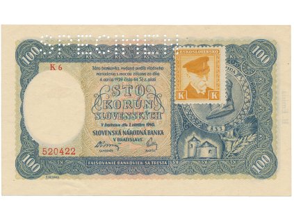 17208 17208 ceskoslovensko 100 koruna 1940 1945 ii vydani kolkovana serie s 1 cislem perf 1x specimen nahore hej 63a1 s1