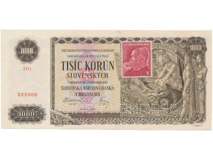 Československo, 1000 Koruna 1940/1945, kolkovaná, perf. 2x SPECIMEN dole, Hej.65a1.S2