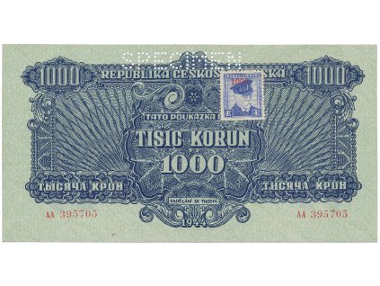 17244 17244 ceskoslovensko 1000 koruna 1944 1945 kolkovana perf 1x specimen nahore hej 68a s1