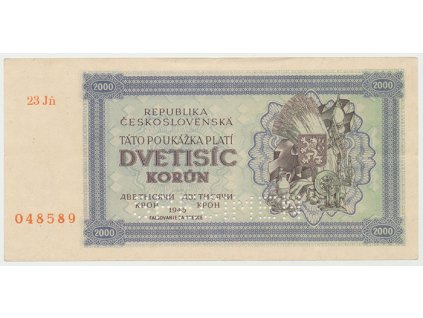 17253 17253 ceskoslovensko 2000 koruna 1945 serie se 2 cisly perf 1x specimen dole hej 69a2