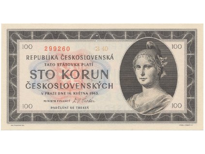 Československo, 100 Koruna 1945, série B, tisk TP NBČS, perforace 3 md svisle, Hej.77aB.S1