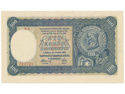 Slovensko, 100 Koruna 1940, II, vydání, série A 4, Hej.49a1