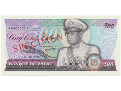Zaire, 500 Zaires 1984, anulát - SPECIMEN, P.30s