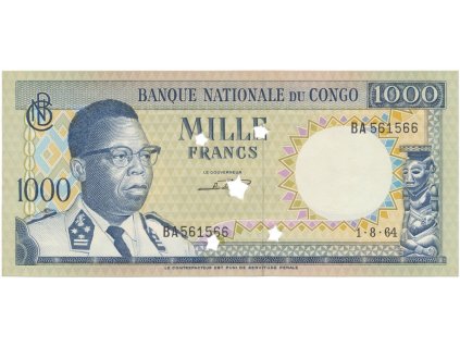 20013 20013 kongo dem republika 1000 francs 1964 p 8 perforace 5x hvezdickovym otvorem