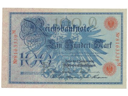 Německo, 100 Mark 1908, červený číslovač 29 mm, Ro.33b