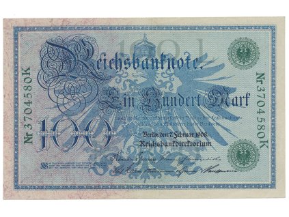 Německo, 100 Mark 1908, zelený číslovač, Ro.34
